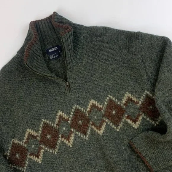 ❌SOLD❌Vintage 100% Wool Green Fair Isle /Scottish Argyle Half-Zip Sweater - Picture 3 of 8
